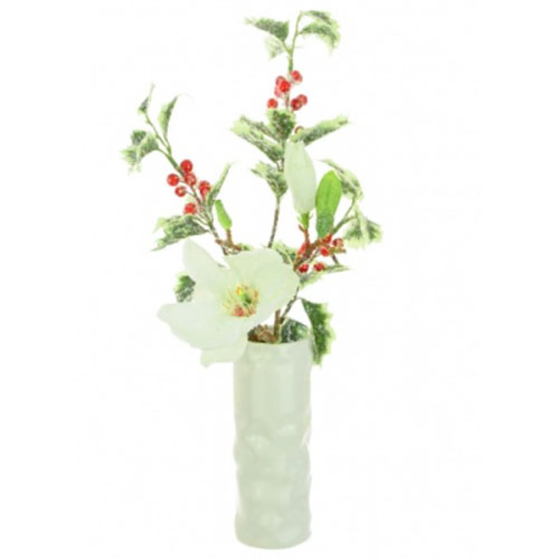 Artificial Flower Arrangements Frosted Magnolia and Holly in White Vase